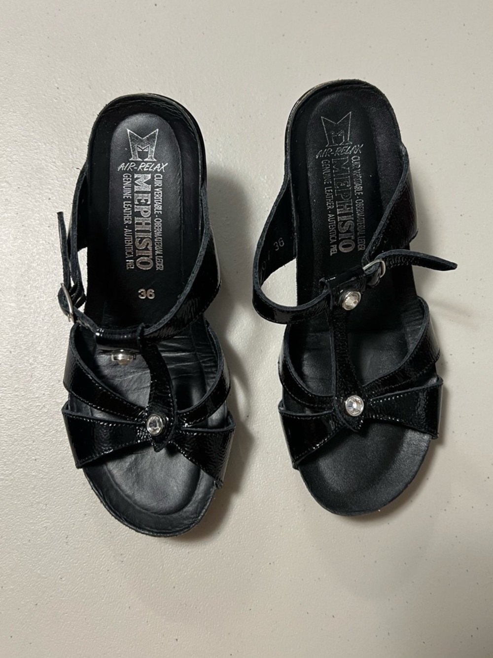 MEPHISTO Black Patent Leather Crystal Wedge Sandals
